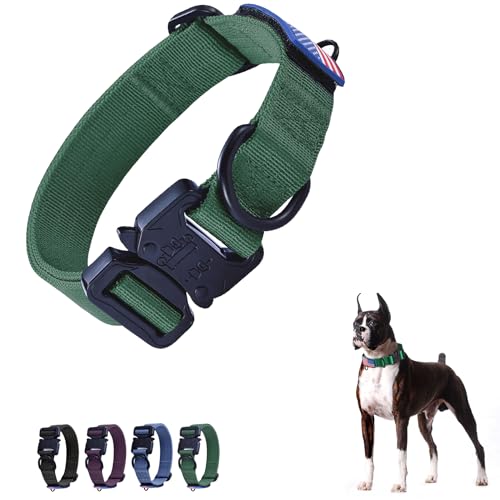 KCUCOP Premium Taktisches Hundehalsband für mittelgroße große Hunde, Verstellbares, strapazierfähiges Nylon-Militär-Hundehalsbänder mit Schnellverschluss-Metallschnalle (M-L, Grün) von KCUCOP