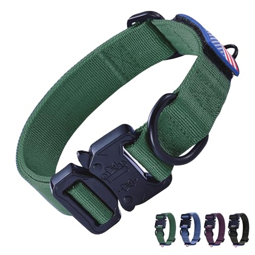 KCUCOP Strapazierfähiges Hundehalsband, verstellbar, taktisch, Militär-Hundehalsbänder mit Metallschnalle, Schnellverschluss, 2 D-Ringe und Flaggenaufnäher für mittelgroße und große Hunde (Grün, L) von KCUCOP
