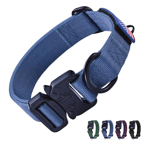 KCUCOP Strapazierfähiges Hundehalsband, verstellbar, taktisch, Militär-Hundehalsbänder mit Metallschnalle, Schnellverschluss, 2 D-Ringe und Flaggenaufnäher für mittelgroße und große Hunde (Blau, M) von KCUCOP