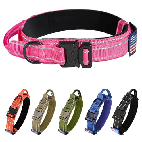 KCUCOP Taktisches Hundehalsband für mittelgroße und große Hunde, Militär-Nylon, strapazierfähig, mit Griff, reflektierender Streifen und Metallschnalle für Training, Outdoor, Rosa-reflektierend, Größe von KCUCOP