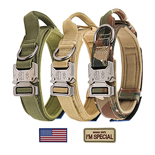 Taktisches Hundehalsband, KCUCOP Militär-Hundehalsband mit 2 Flicken, 3,8 cm breit, mit Griff, K9-Halsband, verstellbar, robuste Metallschnalle, für Hunde, M, L, XL (XL, Tarnmuster mit 2 Flicken) von KCUCOP
