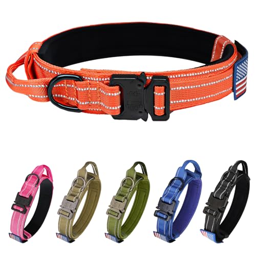 Taktisches Hundehalsband, Militär-Hundehalsband mit reflektierendem Halsband und amerikanischer Flagge, Patch mit Griff, robuste Metallschnalle, 3.8 cm breit, K9-Halsband (orange, reflektierend) von KCUCOP