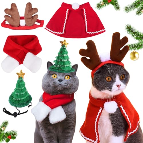 Katze Weihnachten Outfit 4PCS Haustier Weihnachtskostüm Hund Weihnachten Outfit Umhang Weihnachtsmann Mütze Schal Geweih Hut Kragen für Welpen Hund Katze von KEAGAN