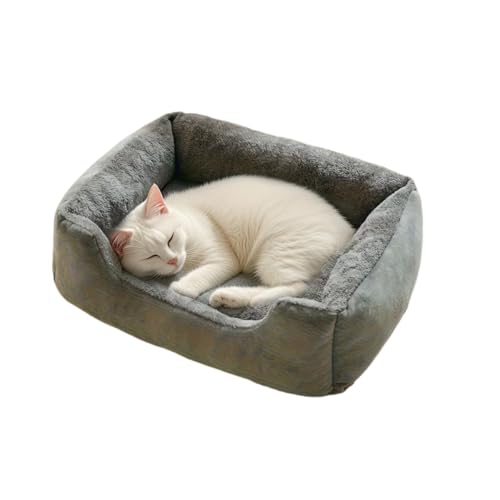 Großes Hundebett mit Seiten, weiches Plüsch, beruhigendes, rechteckiges Katzenbett mit rutschfester Unterseite, Haustierbett für kleine, mittelgroße und große Haustiere (grau, 70 x 50 x 5 cm) von KEDAOLA