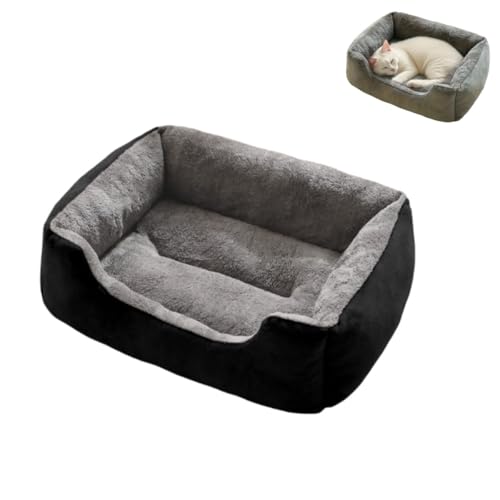 Großes Hundebett mit Seiten, weiches Plüsch, beruhigendes, rechteckiges Katzenbett mit rutschfester Unterseite, Haustierbett für kleine, mittelgroße und große Haustiere (schwarz, 60 x 45 x 5 cm) von KEDAOLA