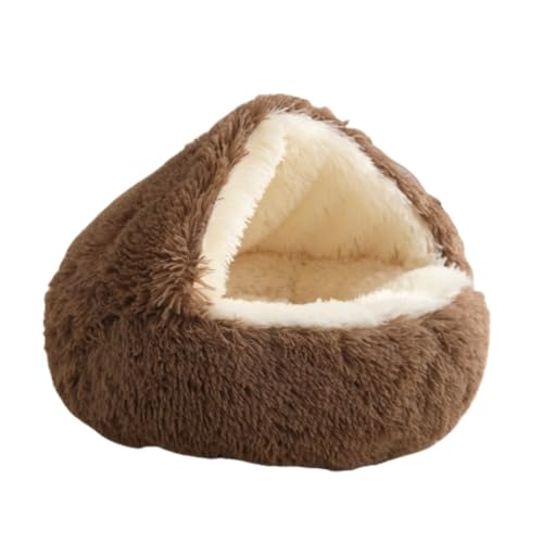 Großes Katzenbett, Plüsch-Kapuzenbetten für den Innenbereich, rundes Plüschkissen mit rutschfester Unterseite für kleine, mittelgroße Haustiere (Khaki, 60 cm) von KEDAOLA