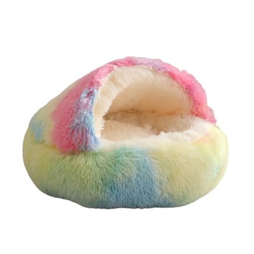Großes Katzenbett, Plüsch-Kapuzenbetten für den Innenbereich, rundes Plüschkissen mit rutschfester Unterseite für kleine, mittelgroße Haustiere (Regenbogen, 50 cm) von KEDAOLA