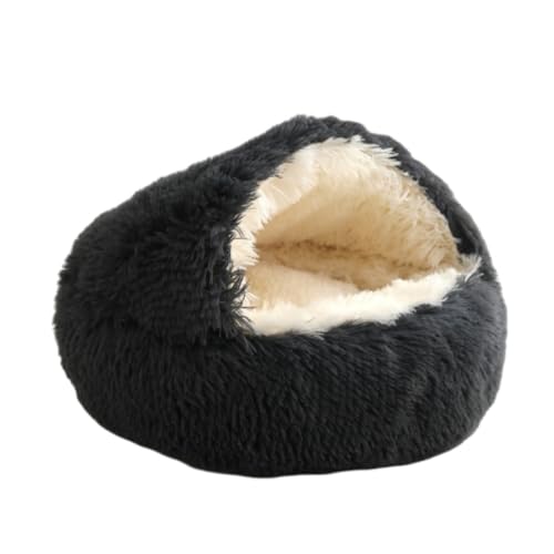 Großes Katzenbett, Plüsch-Kapuzenbetten für den Innenbereich, rundes Plüschkissen mit rutschfester Unterseite für kleine, mittelgroße Haustiere (dunkelgrau, 40 cm) von KEDAOLA