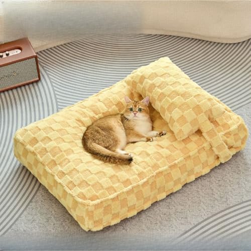 Hundebett waschbar, große Kistenunterlage wendbar mit abnehmbarem Kissen, Haustierbett mit rutschfester Unterseite, weiche Hundehütte Pad für kleine, mittelgroße Hunde und Katzen (Gelb, 65 x 45 cm) von KEDAOLA