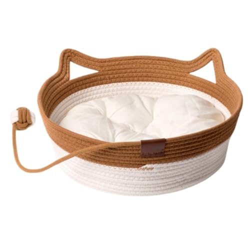 KEDAOLA Katzenkorb aus gewebtem Seil, Haustier-Kratzkissen, Handseile, Katzenbett mit gepolstertem Spielball für Katzen und Hunde (Braun und Weiß, 36 x 36 x 14 cm) von KEDAOLA