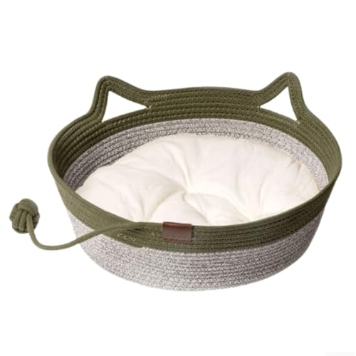 KEDAOLA Katzenkorb aus gewebtem Seil, Haustier-Kratzkissen, Handseile, Katzenbett mit gepolstertem Spielball für Katzen und Hunde (grau und grün, 36 x 36 x 14 cm) von KEDAOLA