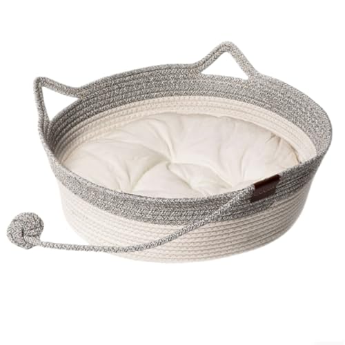 KEDAOLA Katzenkorb aus gewebtem Seil, Haustier-Kratzkissen, Handseile, Katzenbett mit gepolstertem Spielball für Katzen und Hunde (grau und weiß, 36 x 36 x 14 cm) von KEDAOLA