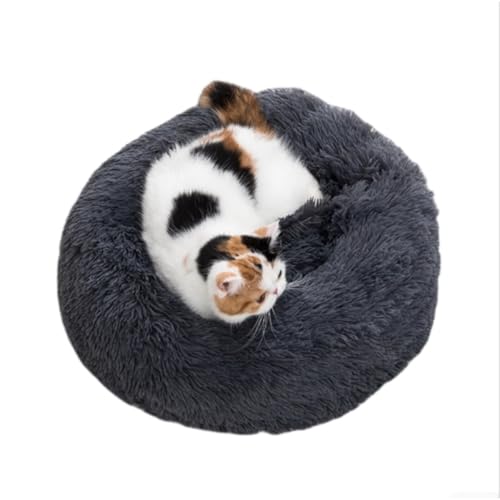 KEDAOLA Plüsch-Hundebett, beruhigendes, rundes Haustierkissen mit rutschfester Unterseite, flauschiges Donut-Bett für kleine, mittelgroße Katzen und Hunde (Dunkelgrau, 60 cm) von KEDAOLA