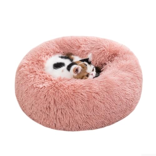 KEDAOLA Plüsch-Hundebett, beruhigendes, rundes Haustierkissen mit rutschfester Unterseite, flauschiges Donut-Bett für kleine, mittelgroße Katzen und Hunde (Leder, Rosa, 60 cm) von KEDAOLA