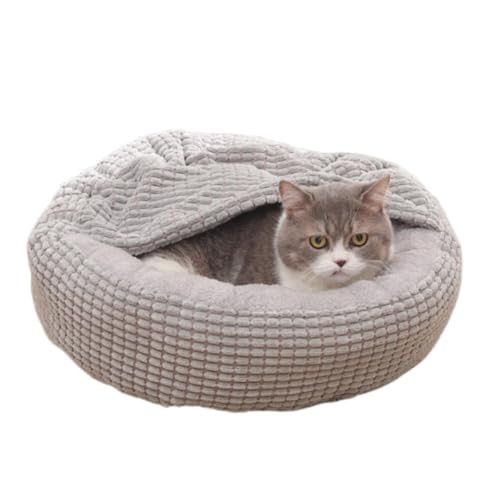 Katzenbett, groß, für den Innenbereich, Plüsch-Kapuzenbett, waschbares, rundes Haustierkissen, rutschfeste Unterseite für kleine, mittelgroße Haustiere (Grau, 50 cm) von KEDAOLA