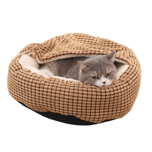 Katzenbett, groß, für den Innenbereich, Plüsch-Kapuzenbett, waschbares, rundes Haustierkissen, rutschfeste Unterseite für kleine, mittelgroße Haustiere (Kaffee, 40 cm) von KEDAOLA