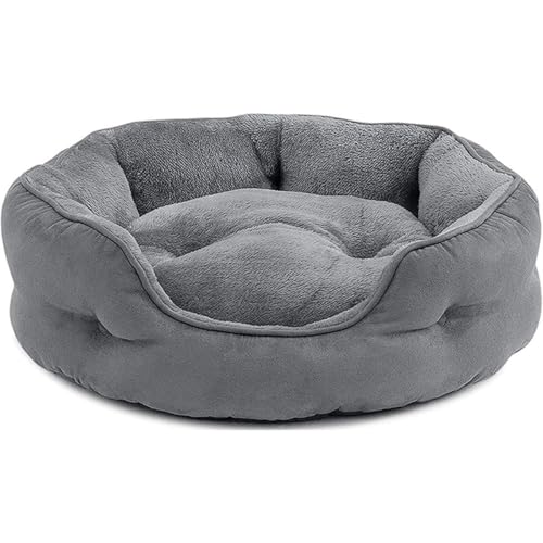Katzenbett, weiches Plüsch-Haustierkissen mit Nackenrolle, waschbares Haustierbett, rutschfeste Unterseite für kleine, mittelgroße und große Hunde und Katzen (Grau, M (65 x 55 x 20 cm) von KEDAOLA