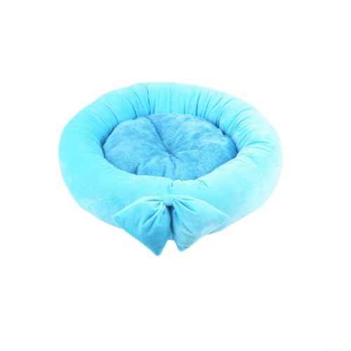 Katzenbett für Hauskatzen, flauschige Schleife, Welpenbett, runde Nackenrolle, Haustierbett für kleine, mittelgroße Katzen und Hunde (55 cm, Blau) von KEDAOLA