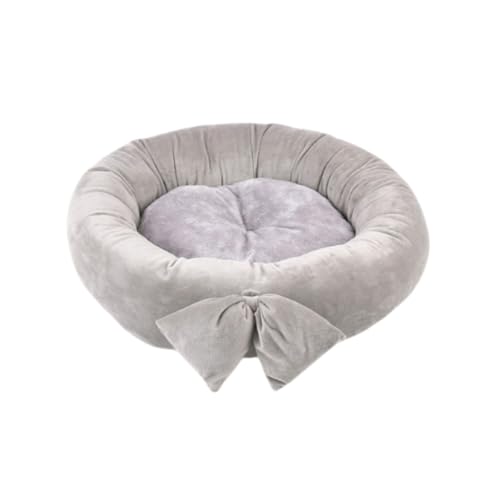 Katzenbett für Hauskatzen, flauschige Schleife, Welpenbett, runde Nackenrolle, Haustierbett für kleine, mittelgroße Katzen und Hunde (55 cm, Grau) von KEDAOLA