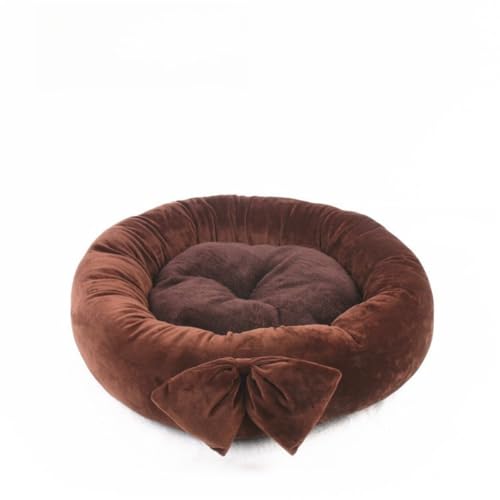 Katzenbett für Hauskatzen, flauschige Schleife, Welpenbett, runde Nackenrolle, Haustierbett für kleine, mittelgroße Katzen und Hunde (55 cm, Kaffeebraun) von KEDAOLA