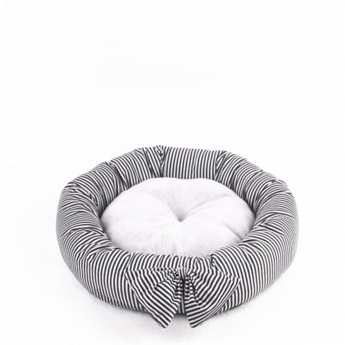Katzenbett für Hauskatzen, flauschige Schleife, Welpenbett, runde Nackenrolle, Haustierbett für kleine, mittelgroße Katzen und Hunde (55 cm, blau und weiß gestreift) von KEDAOLA