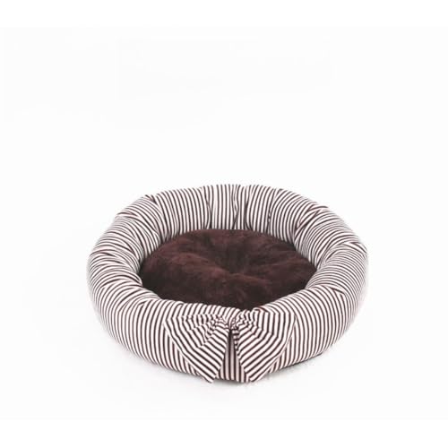 Katzenbett für Hauskatzen, flauschige Schleife, Welpenbett, runde Nackenrolle, Haustierbett für kleine, mittelgroße Katzen und Hunde (55 cm, kaffeebraun gestreift) von KEDAOLA
