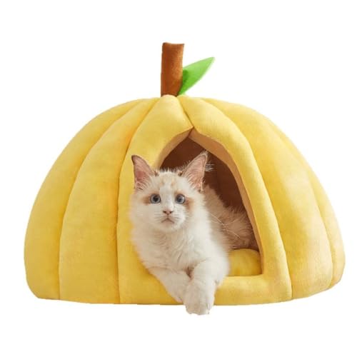 Katzenbett für den Innenbereich, bequemes Schlafzelt, abnehmbares Kissen, rutschfeste Unterseite, tragbare faltbare Haustierhöhle für kleine mittelgroße Haustiere (Gelb) von KEDAOLA