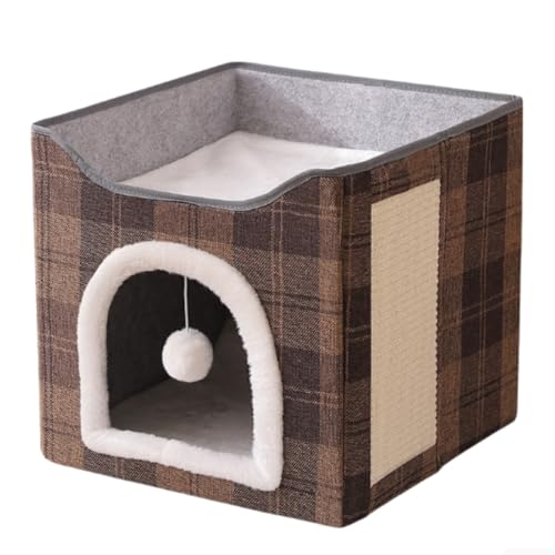 Katzenbetten, faltbares Katzenhaus für Haustiere, Katzenhöhle mit Kratzbrett und flauschigem Ball für mehrere kleine Haustiere (Braun) von KEDAOLA