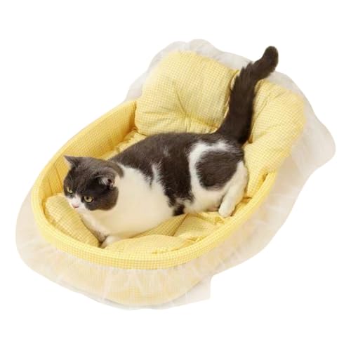 Katzenkorbbett mit Kissen, weiches Haustierbett mit Spitzenbesatz, ovale Katzenbetten für Indoor-Katzen, 60 x 40 x 13 cm, atmungsaktives Haustierbett für kleine und mittelgroße Katzen (gelb) von KEDAOLA