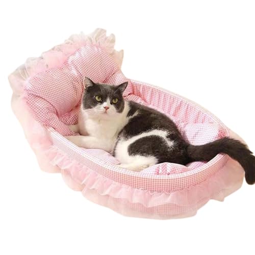 Katzenkorbbett mit Kissen, weiches Haustierbett mit Spitzenbesatz, ovales Katzenbett für Indoor-Katzen, 60 x 40 x 13 cm, atmungsaktives Haustierbett für kleine und mittelgroße Katzen (Rosa) von KEDAOLA