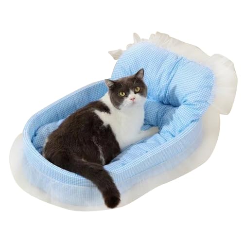 Katzenkorbbett mit Kissen, weiches Haustierbett mit Spitzenbesatz, ovales Katzenbett für Indoor-Katzen, 60 x 40 x 13 cm, atmungsaktives Haustierbett für kleine und mittelgroße Katzen (blau) von KEDAOLA
