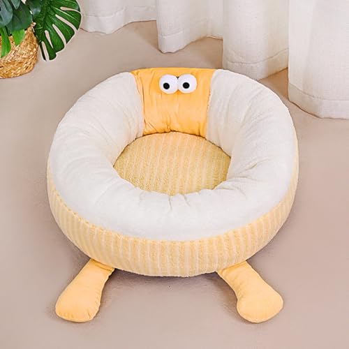 Niedliches Katzenbett, weiches, rundes Haustierbett, Plüsch-Hundebetten für drinnen, rutschfeste Unterseite, für kleine, mittelgroße und große Hunde und Katzen (Gelb, 60 cm) von KEDAOLA