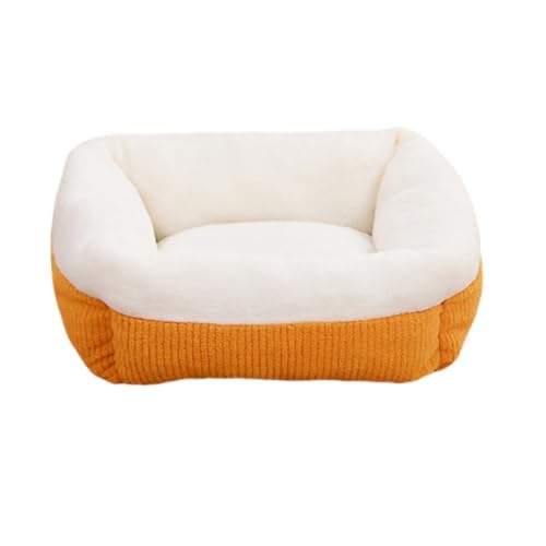 Weiches Katzenbett, rechteckiges Bett mit Nackenrolle, Plüsch, flauschig, beruhigend, rutschfeste Unterseite für kleine, mittelgroße und große Haustiere (Orange, 68 x 68 x 5 cm) von KEDAOLA
