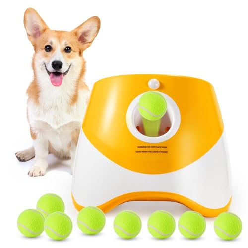 KEEDA Automatischer Ballwerfer für Hunde, Hund Interaktives Spielzeug 10-30ft Launching Distanz Ballwerfermaschine mit 9 Tennisbällen für Hunde (Orange) von KEEDA
