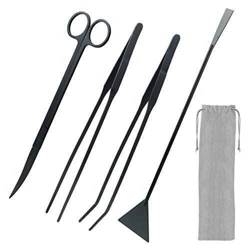 KEESIN Edelstahl Aquarium Aquascaping Set,4-in-1 Aquarium Aquascaping Set Edelstahl Aquarium Werkzeug Pinzette Schere Zange Algenschaber für Aquarium Starter Kit(Schwarz) von KEESIN