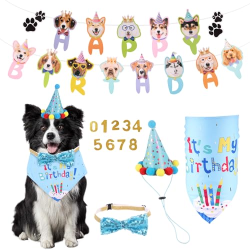 5 Stück Hund Geburtstag Hut mit 9 Bling Nummern Fliege Dreieckstuch Pullflag Hunde Geburtstag Halstuch Polyester Hundegeburtstags Hut für Kleine Mittelgroße Große Hunde (Blau) von KEGAJEGA