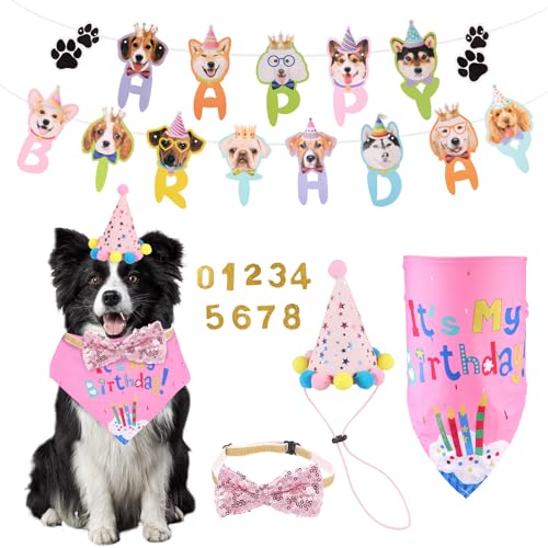 5 Stück Hund Geburtstag Hut mit 9 Bling Nummern Fliege Dreieckstuch Pullflag Hunde Geburtstag Halstuch Polyester Hundegeburtstags Hut für Kleine Mittelgroße Große Hunde (Rosa) von KEGAJEGA