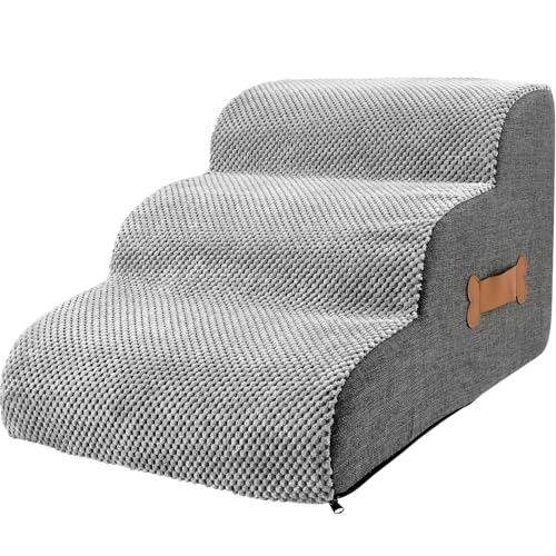 Hundetreppe für Kleine Hunde mit Waschbarem Bezug und Rutschfestem Boden 55x34x40cm Haustiertreppe Treppe 3 Stufen Abnehmbarem Hunderampe für Bett Sofa (Grau, Klein, 3) von KEGAJEGA