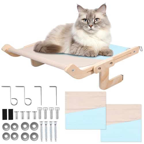 Katzen Fensterliege Holz bis zu 10 kg Katzen Hängematte Fenster mit 2 Haken Stabiler Katzenhängematte zum Einhängen für Fensterbänke Nachttische Schubladen Balkone Bänke (Graublau, A) von KEGAJEGA
