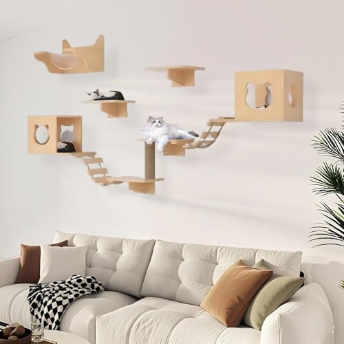 KEJIAWU Aktive Katzenkletterwand mit Kratzstamm, Stufen, Brücke und Hängematte - Fördert Bewegung und geistige Stimulation for Katzen(10-PCS) von KEJIAWU