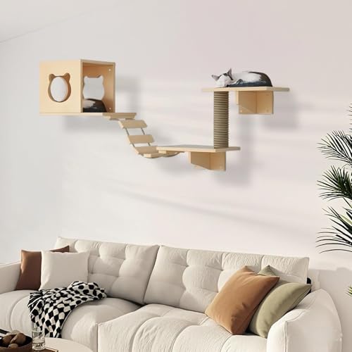 KEJIAWU Aktive Katzenkletterwand mit Kratzstamm, Stufen, Brücke und Hängematte - Fördert Bewegung und geistige Stimulation for Katzen(5PCS) von KEJIAWU