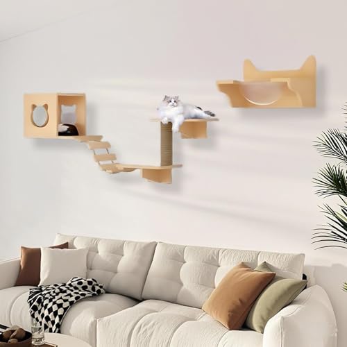 KEJIAWU Aktive Katzenkletterwand mit Kratzstamm, Stufen, Brücke und Hängematte - Fördert Bewegung und geistige Stimulation for Katzen(6PCS) von KEJIAWU