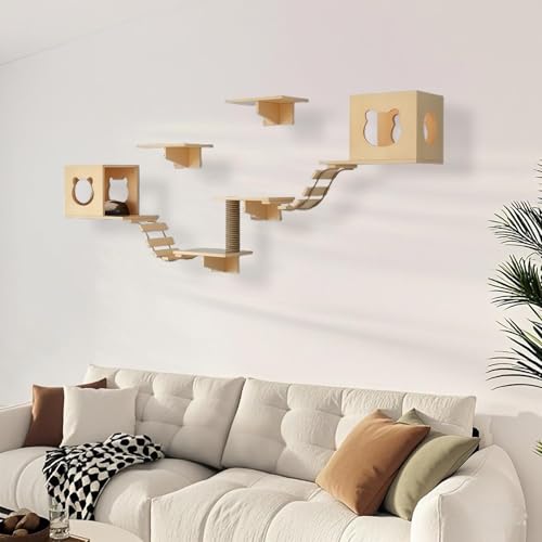 KEJIAWU Aktive Katzenkletterwand mit Kratzstamm, Stufen, Brücke und Hängematte - Fördert Bewegung und geistige Stimulation for Katzen(9PCS-A) von KEJIAWU