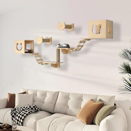 KEJIAWU Aktive Katzenkletterwand mit Kratzstamm, Stufen, Brücke und Hängematte - Fördert Bewegung und geistige Stimulation for Katzen(9PCS-B) von KEJIAWU