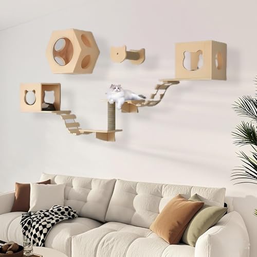 KEJIAWU Aktive Katzenkletterwand mit Kratzstamm, Stufen, Brücke und Hängematte - Fördert Bewegung und geistige Stimulation for Katzen(9PCS-C) von KEJIAWU