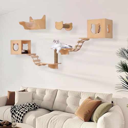 KEJIAWU Aktive Katzenkletterwand mit Kratzstamm, Stufen, Brücke und Hängematte - Fördert Bewegung und geistige Stimulation for Katzen(9PCS-D) von KEJIAWU