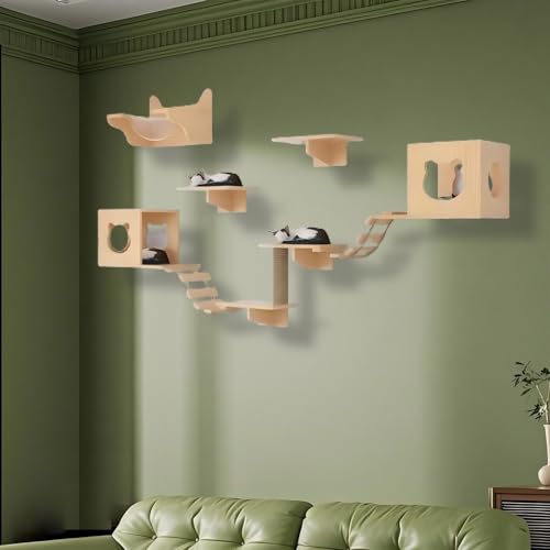 KEJIAWU Einfach zu installierende Katzenkletterwand aus Massivholz - Komplettes Set mit Stufen, Hängematte, Plattform und Montageanleitung(10-PCS) von KEJIAWU