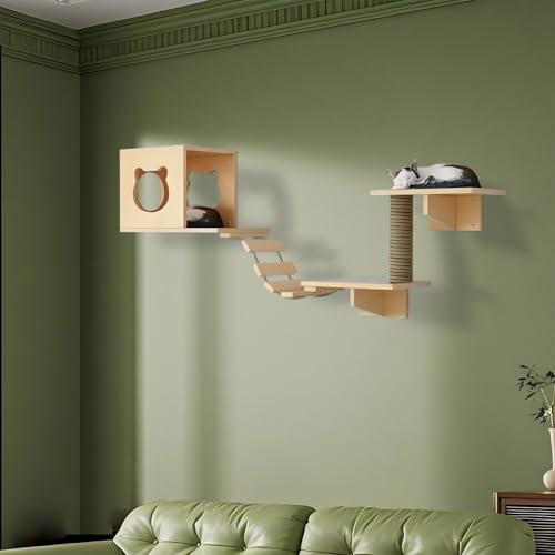KEJIAWU Einfach zu installierende Katzenkletterwand aus Massivholz - Komplettes Set mit Stufen, Hängematte, Plattform und Montageanleitung(5PCS) von KEJIAWU
