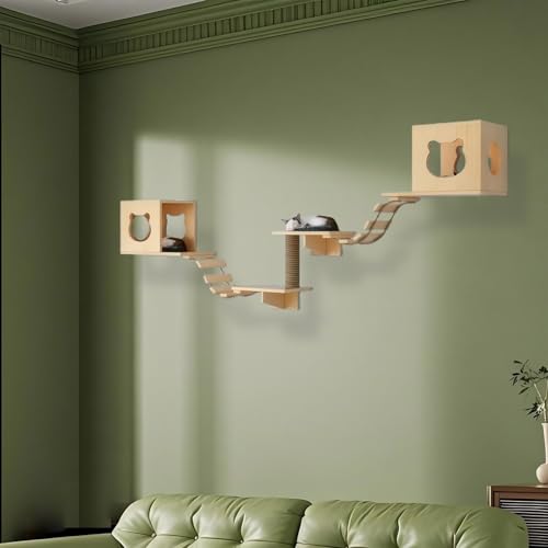 KEJIAWU Einfach zu installierende Katzenkletterwand aus Massivholz - Komplettes Set mit Stufen, Hängematte, Plattform und Montageanleitung(7PCS) von KEJIAWU