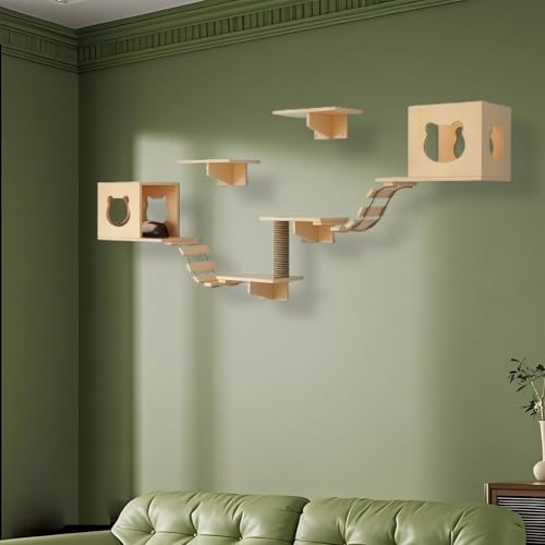 KEJIAWU Einfach zu installierende Katzenkletterwand aus Massivholz - Komplettes Set mit Stufen, Hängematte, Plattform und Montageanleitung(9PCS-A) von KEJIAWU